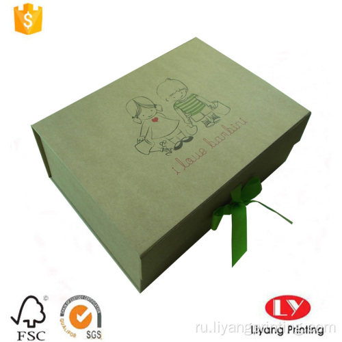 Плоская складная картонная подарочная коробка с лентой